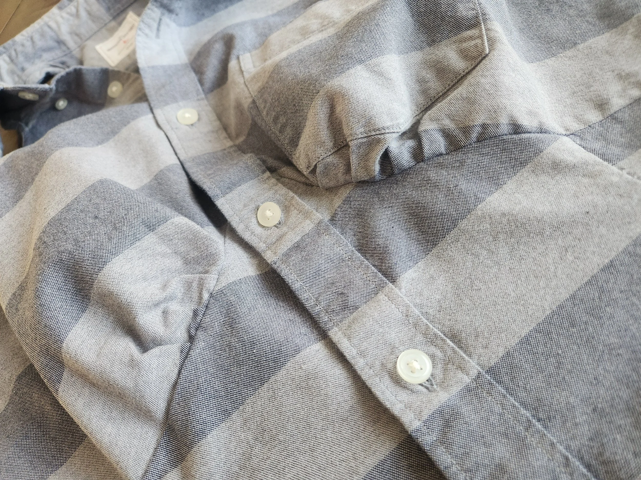 Of Character shades of grey wide striped reimagined men's button down women's sleaveless top close up bust detail.jpg