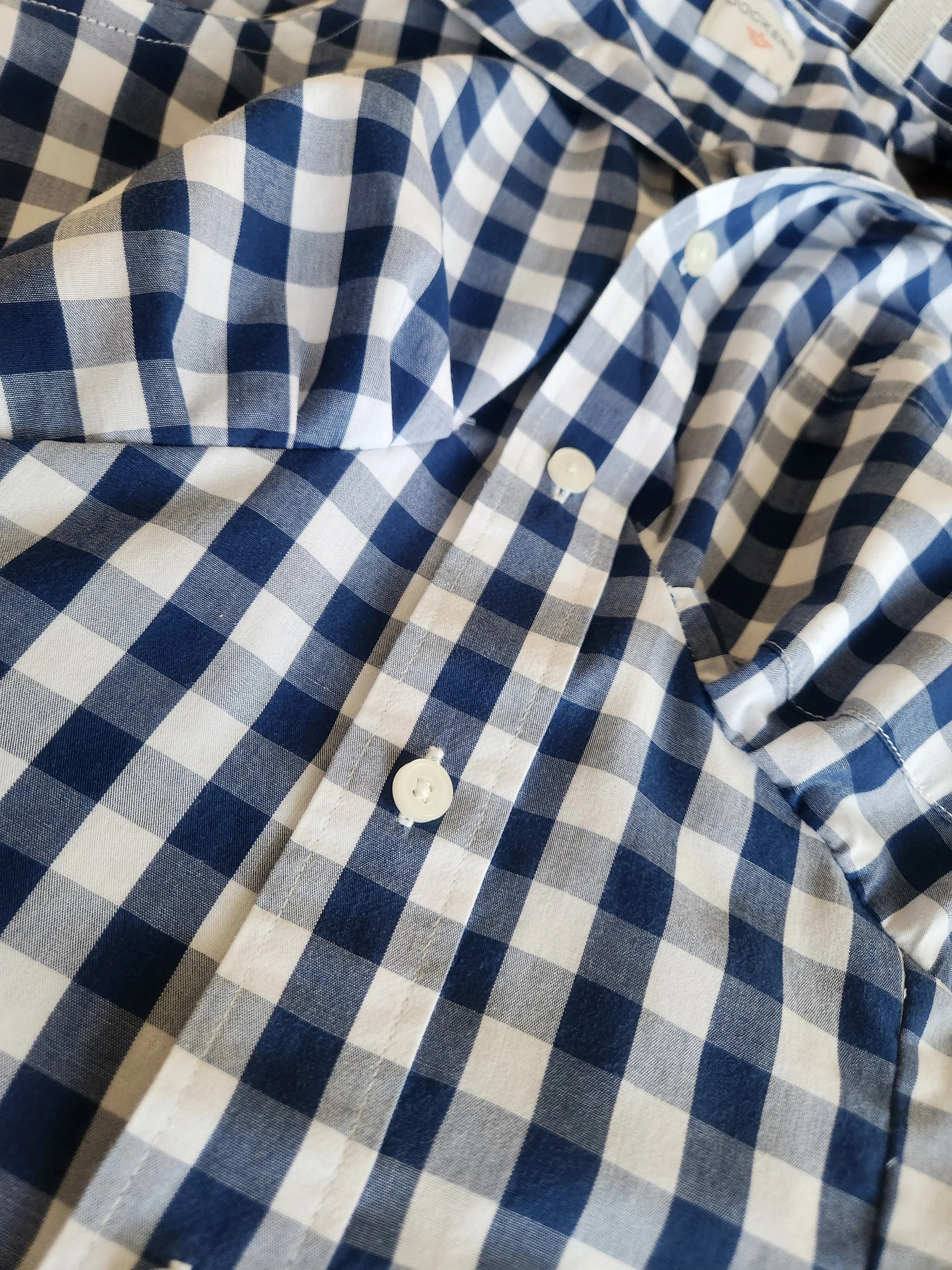 Of Character upcycled navy and white gingham reimagined men's button down women's sleaveless top close up bust detail.jpg