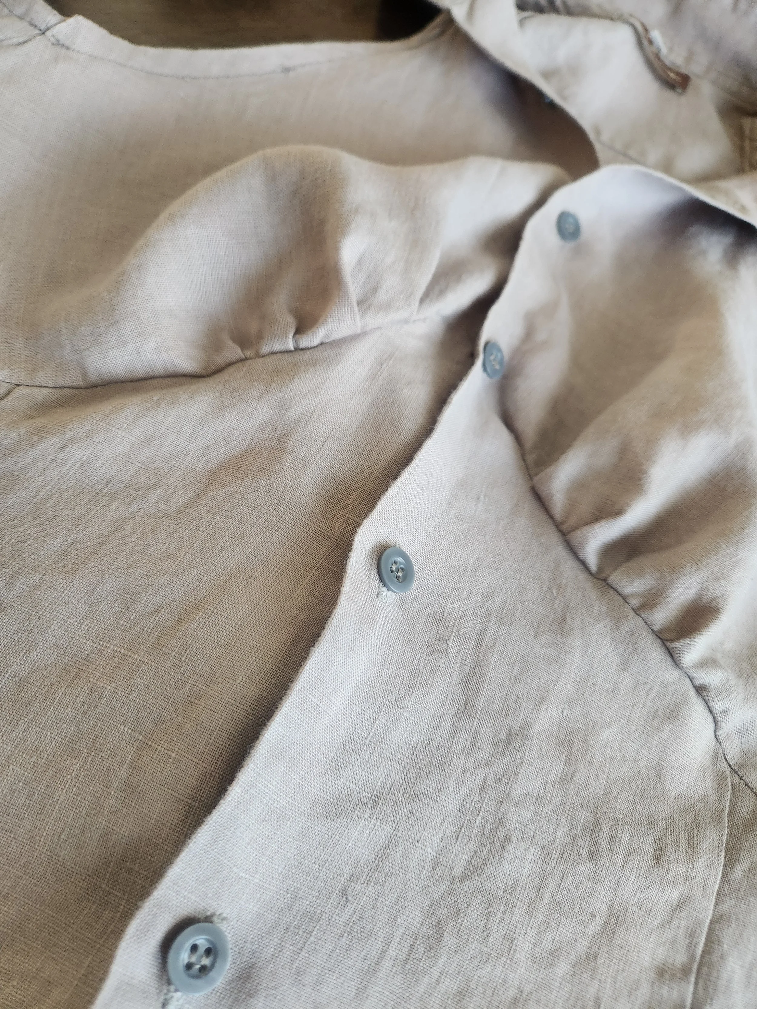Of Character upcycled gray linen reimagined men's button down women's sleaveless top close up bust detail.jpg