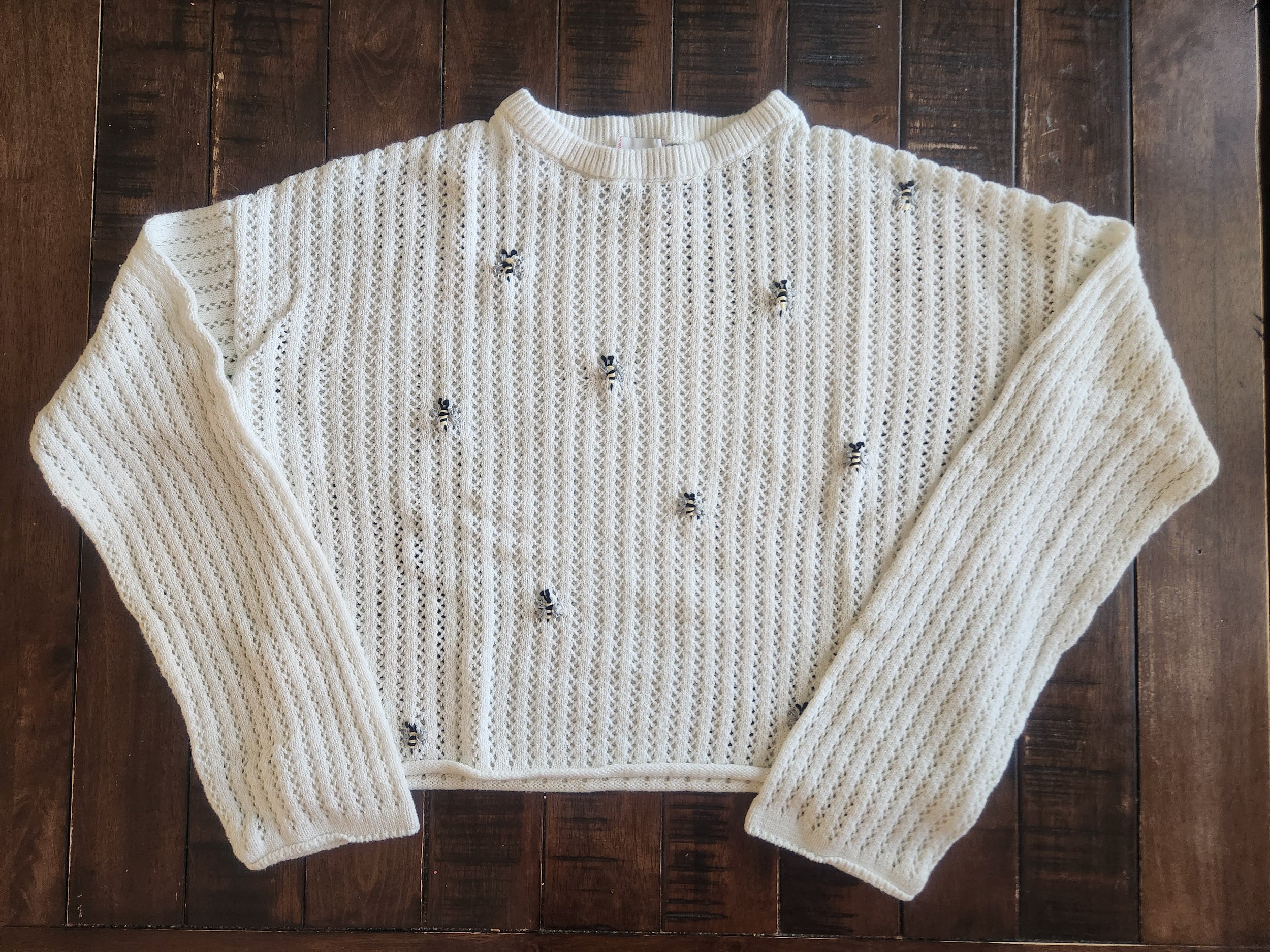 Of Character embroidered Bees on upcycled sweater.jpg
