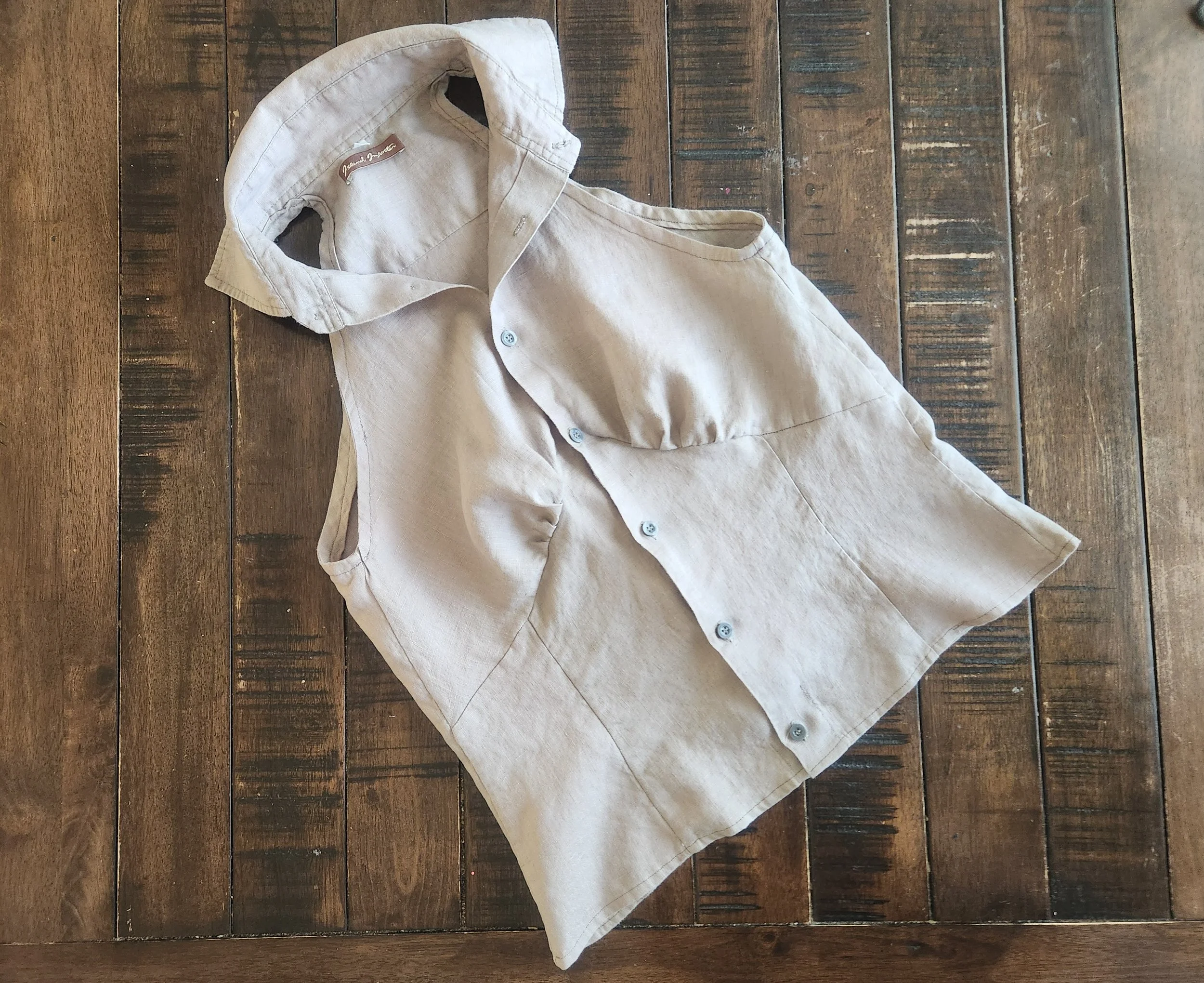 Of Character upcycled gray linen reimagined men's button down women's sleaveless top with bust detail.jpg