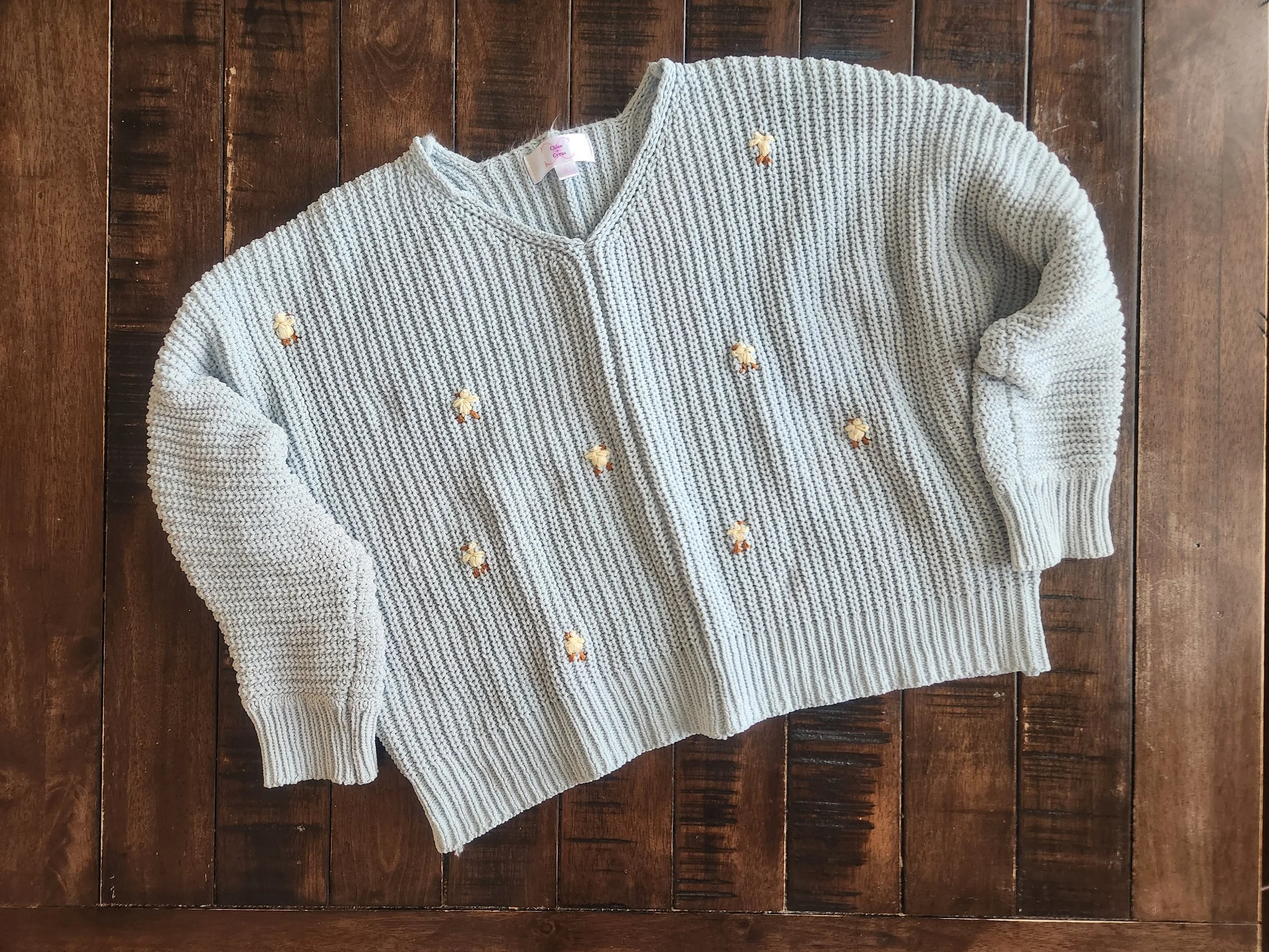 Of Character embroidered chicks on upcycled blue cropped knit sweater.jpg