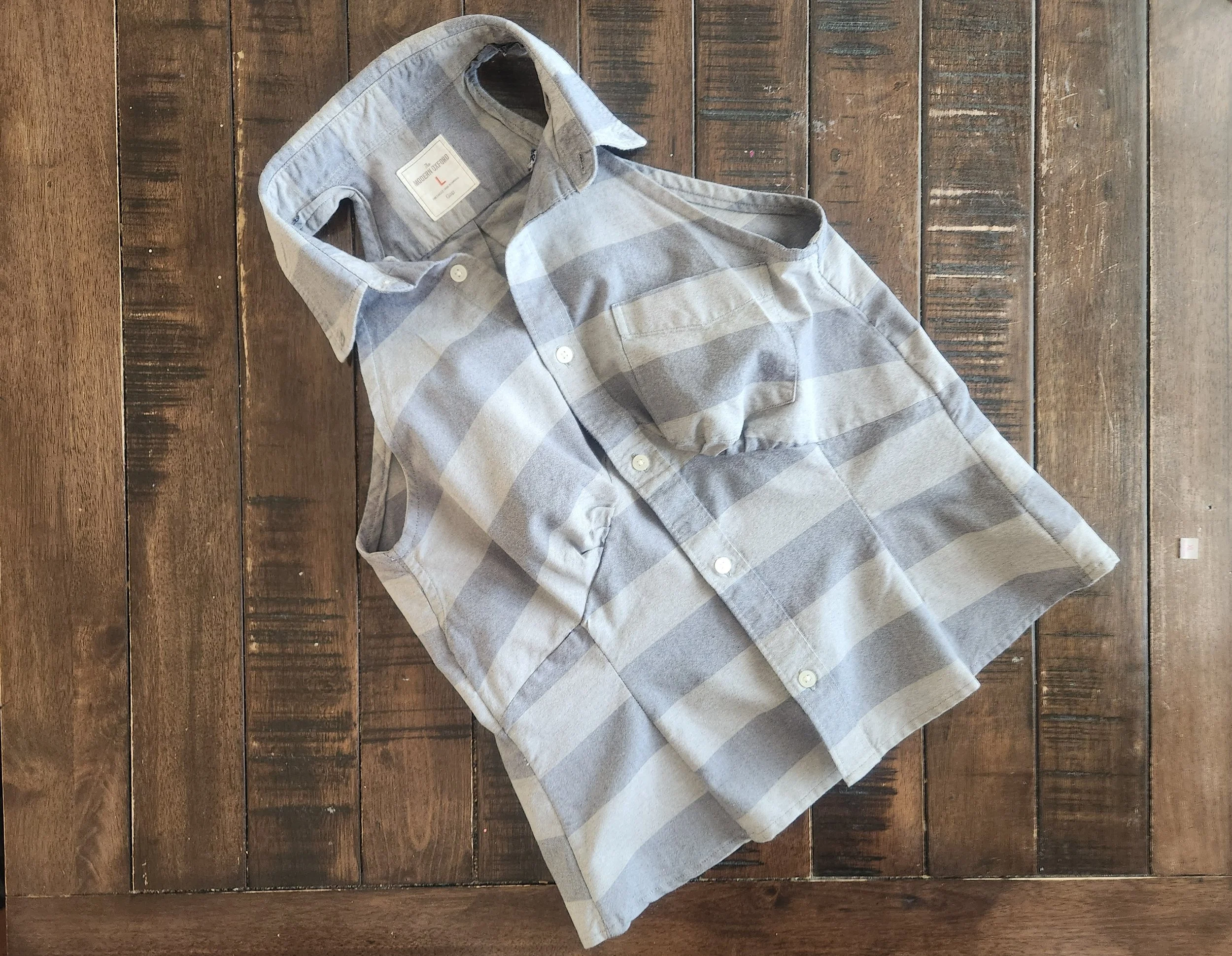 Of Character shades of grey wide striped reimagined men's button down women's sleaveless top with bust detail.jpg