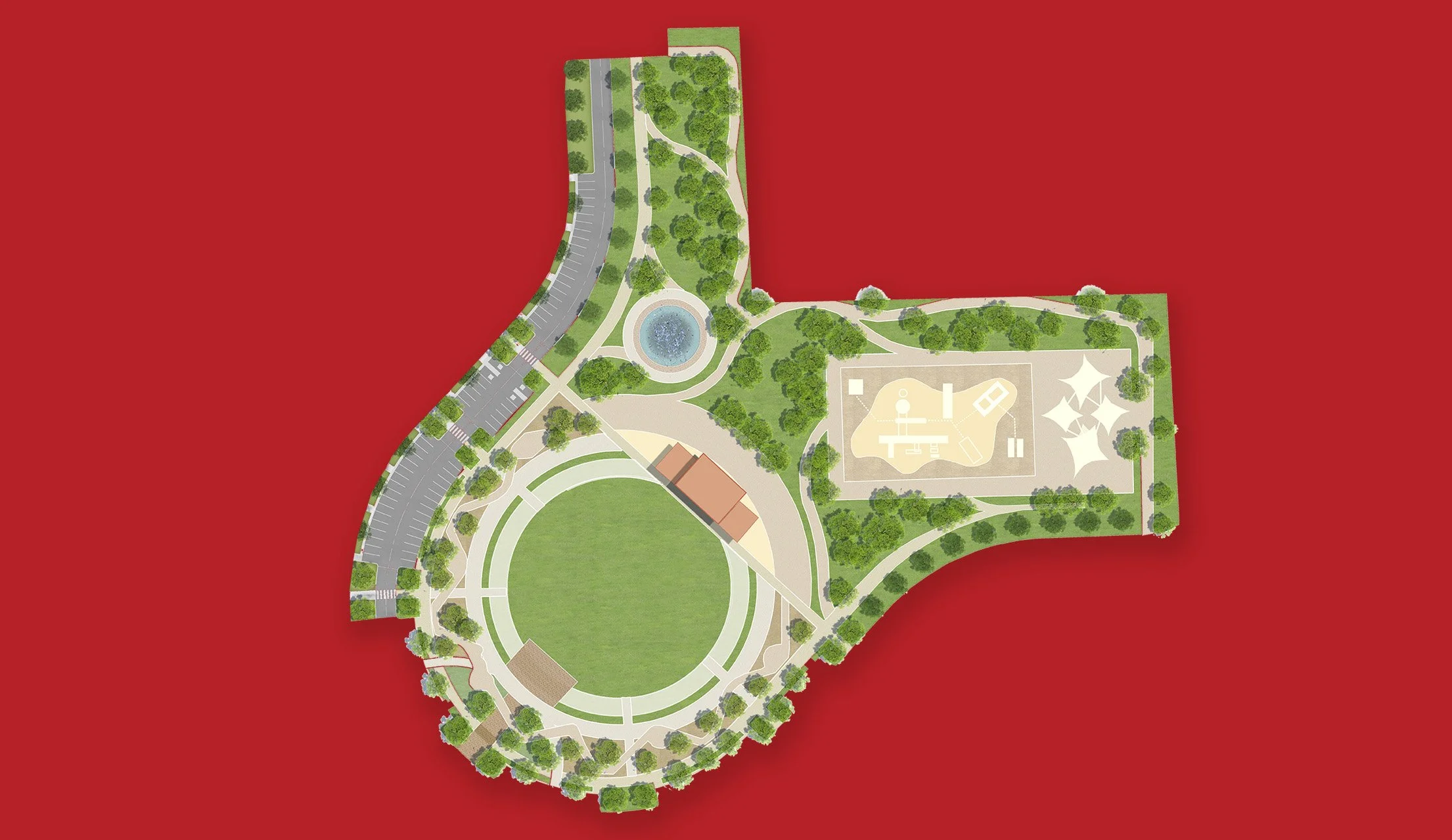 A detailed Burnett Bayland Park plan aerial layout for Phase 2 featuring parking, walking paths, a pond, sports courts, grassy fields, and trees, set against a red background.
