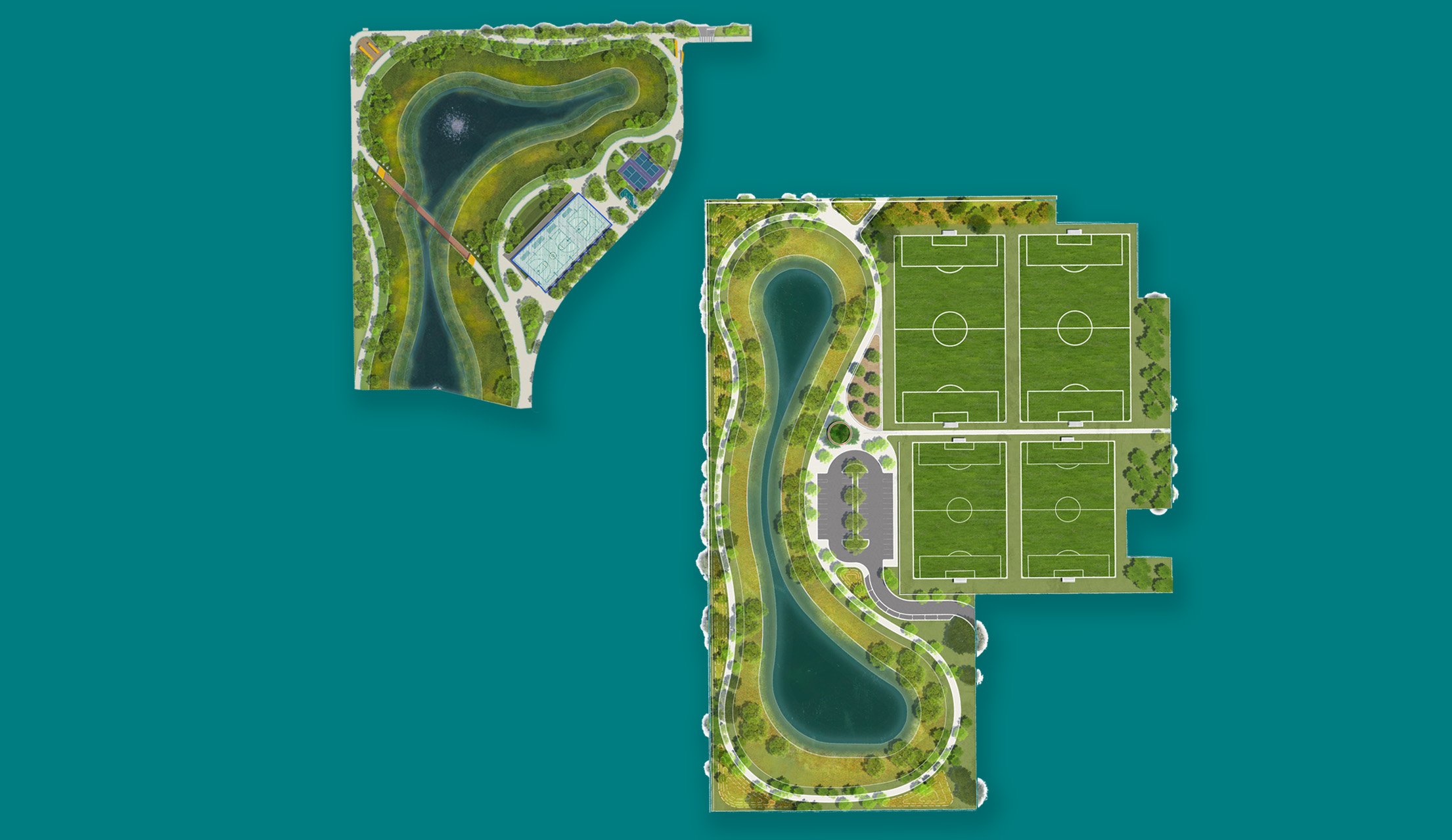 A detailed Burnett Bayland Park plan aerial layout for Phase 2 featuring a large lake, sports courts, a soccer field, walking paths, green spaces, and landscaped areas set against a teal background.