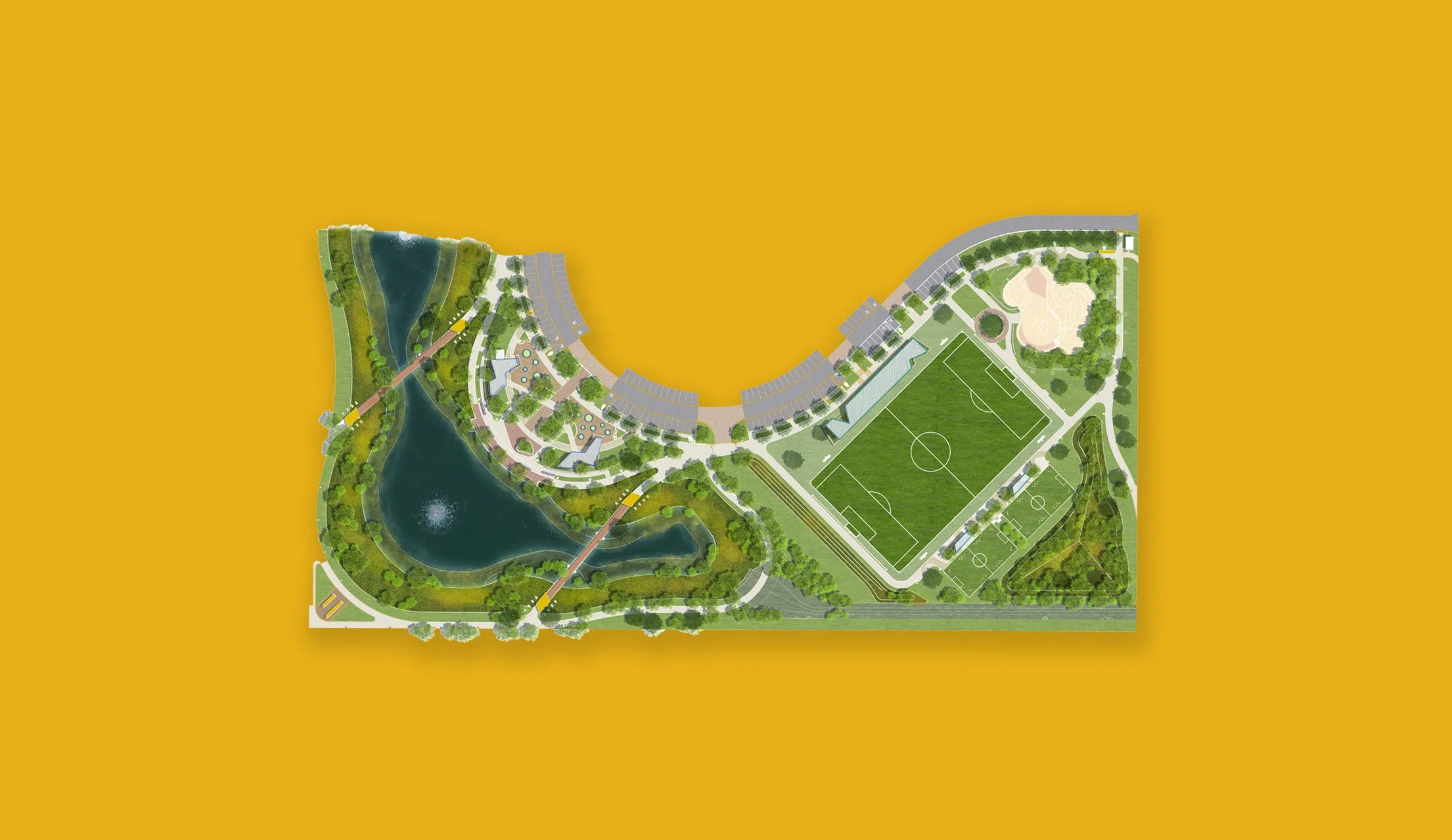 A detailed Burnett Bayland Park plan aerial layout for Phase 1 featuring water features, sports fields, walking paths, and green areas, set against a yellow background.