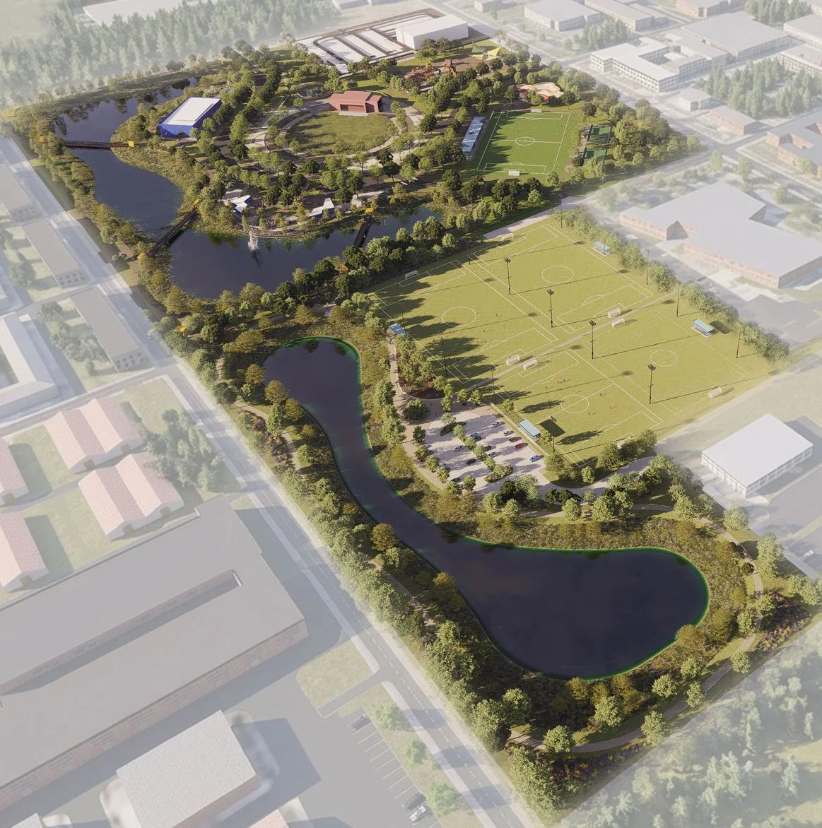 Aerial view of Burnett Bayland Park's planned transformation with ponds, sports fields, walking paths, trees, and parking lots, surrounded by urban buildings and neighborhoods.