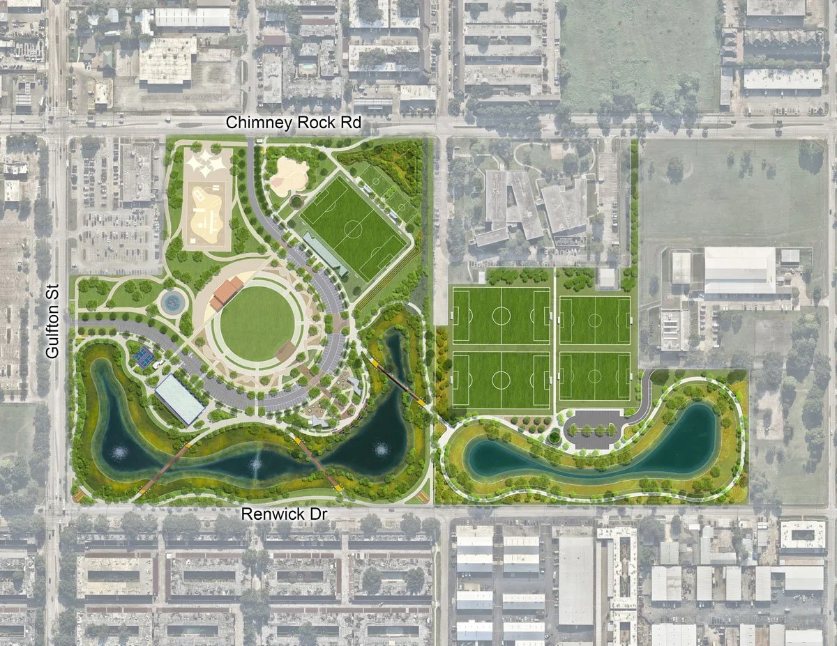 Aerial view of Burnett Bayland Park's planned transformation layout with parks, sports fields, pavillions, gatherings areas, ponds, and pathways, bordered by Gulfton Street, Chimney Rock Road, and Renwick Drive.