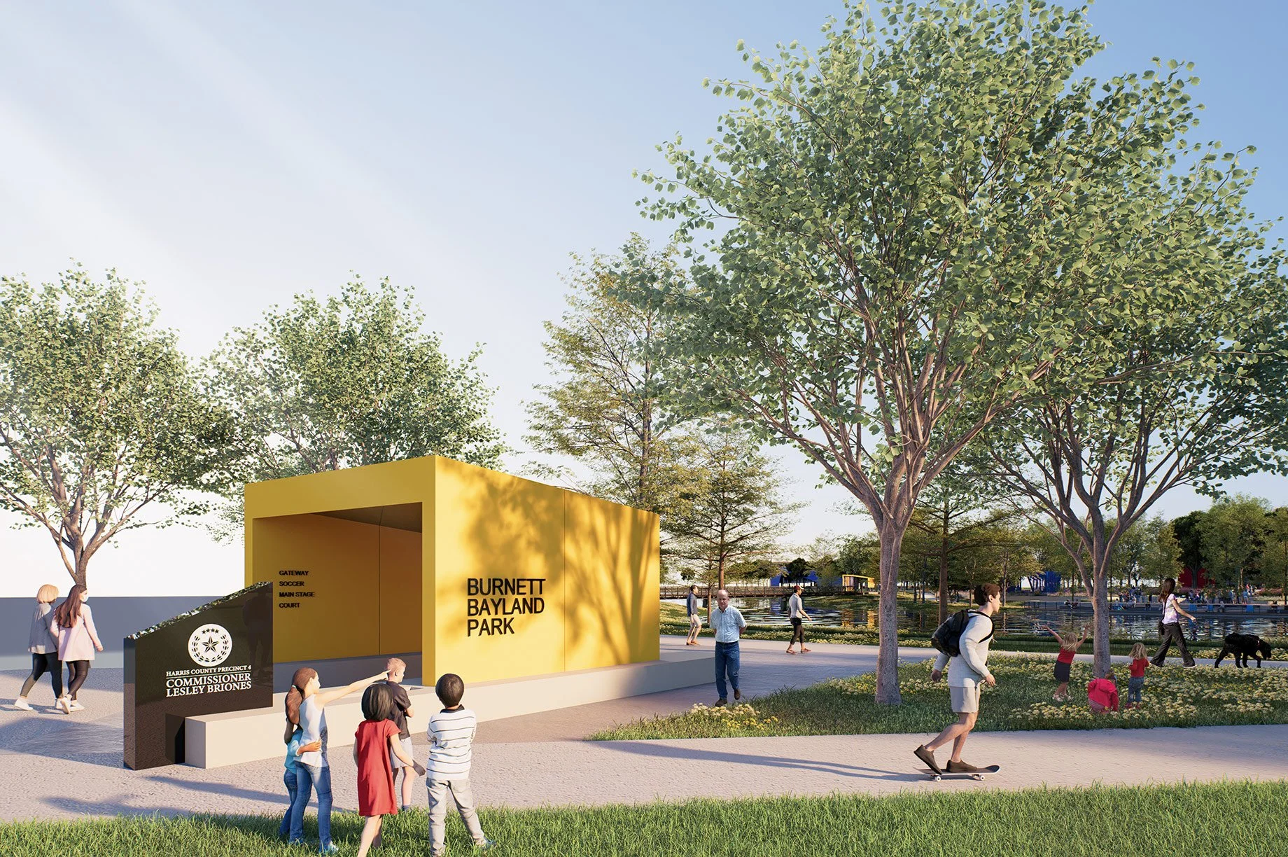 A park scene with a yellow structure labeled 'Burnett Bayland Park' and a darker sign mentioning Harris County Precinct 4 Commissioner Lesley Briones. People, including children and adults, are walking, skateboarding, and enjoying the park near water features. Tall trees with lush green leaves and a clear blue sky are visible in the background.