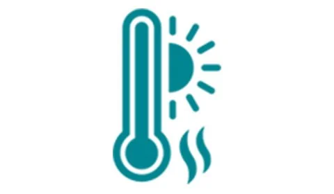 Thermometer icon with temperature rising and sun emitting heat waves.
