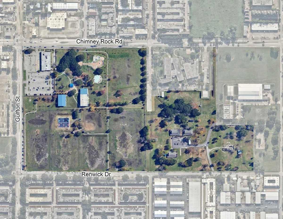 Aerial view of Burnett Bayland Park's current state with green fields, trees, playground, tennis court, pathways, and nearby buildings, bordered by Gulfton Street, Chimney Rock Road, and Renwick Drive.