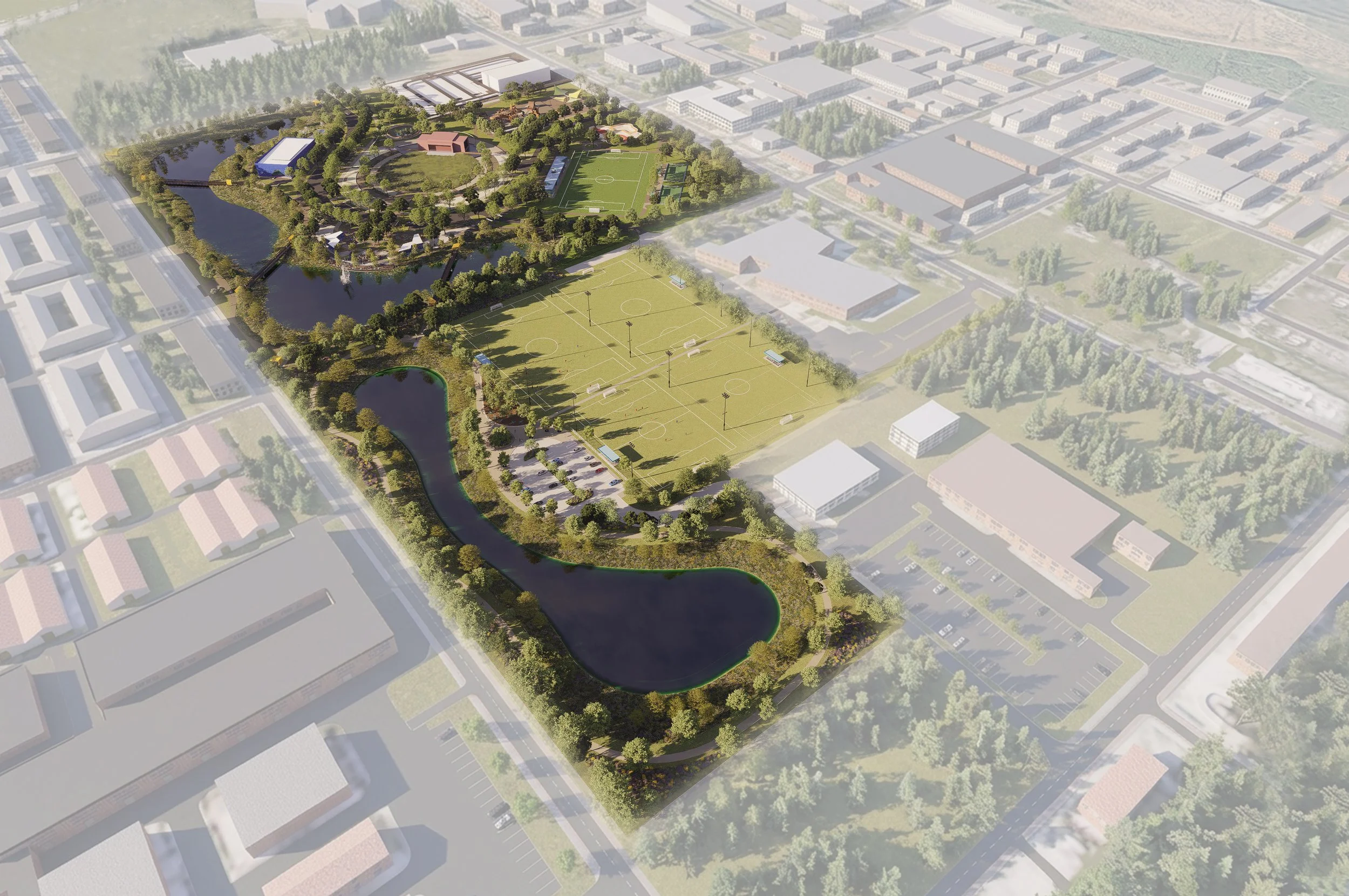 Aerial view of Burnett Bayland Park's planned transformation with ponds, sports fields, walking paths, trees, and parking lots, surrounded by urban buildings and neighborhoods.