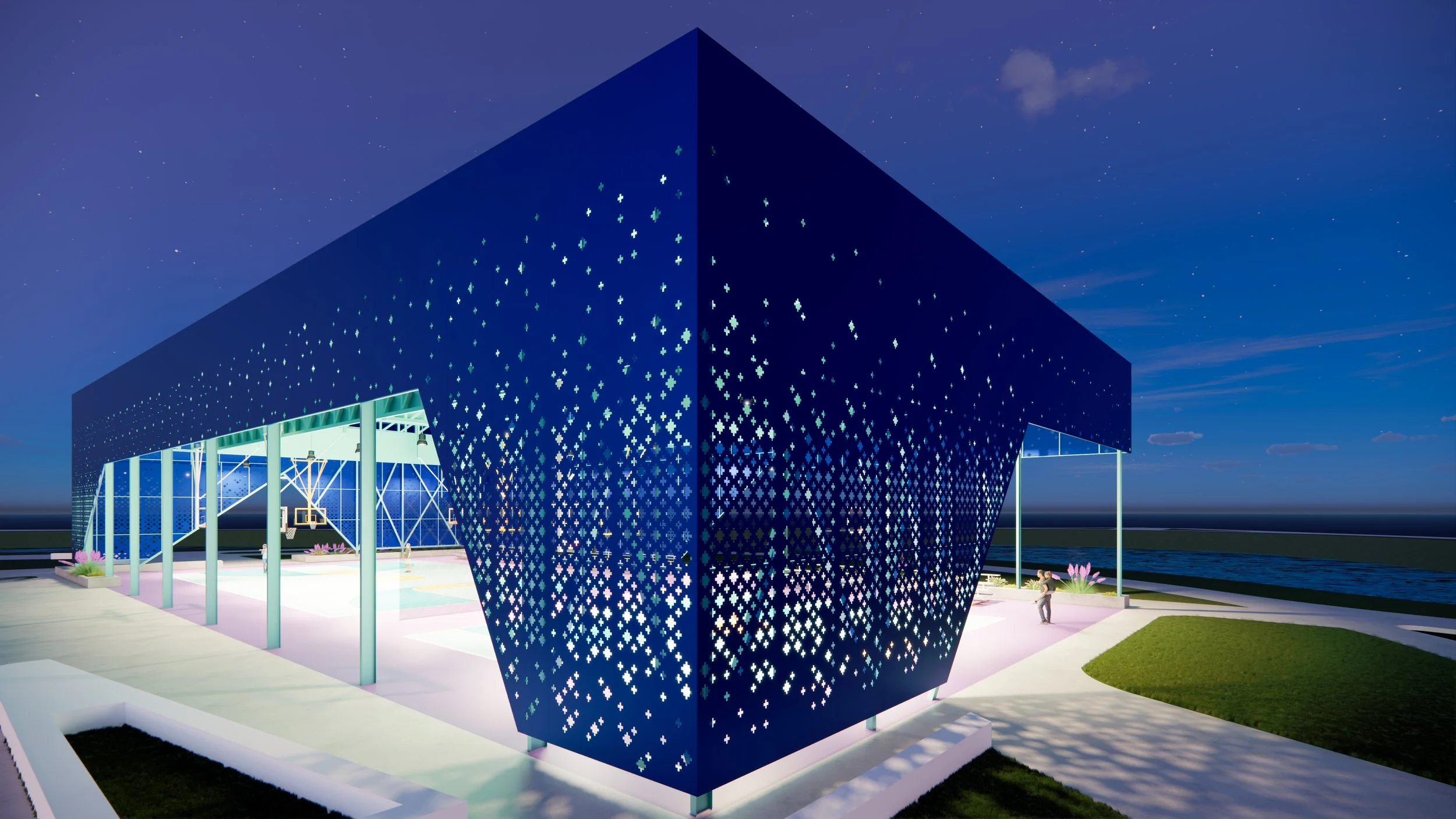 Modern building with a perforated blue facade, open ground floor with stairs, located near water, under a starry night sky.