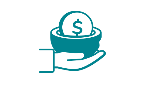 Hand holding a bowl with a dollar coin inside.