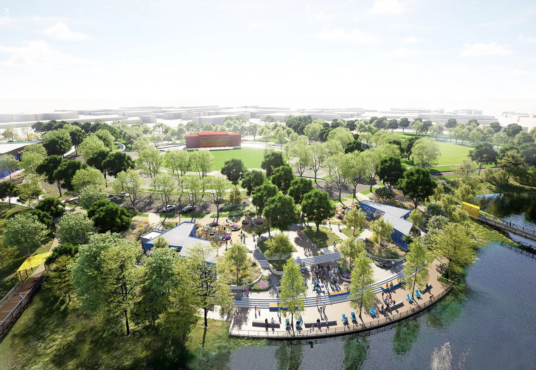 A bird's eye view of Burnett Bayland Park with many trees, walking paths, a pond, and people enjoying outdoor activities. There are some covered seating areas, a stage or pavilion, and a parking lot in the background.