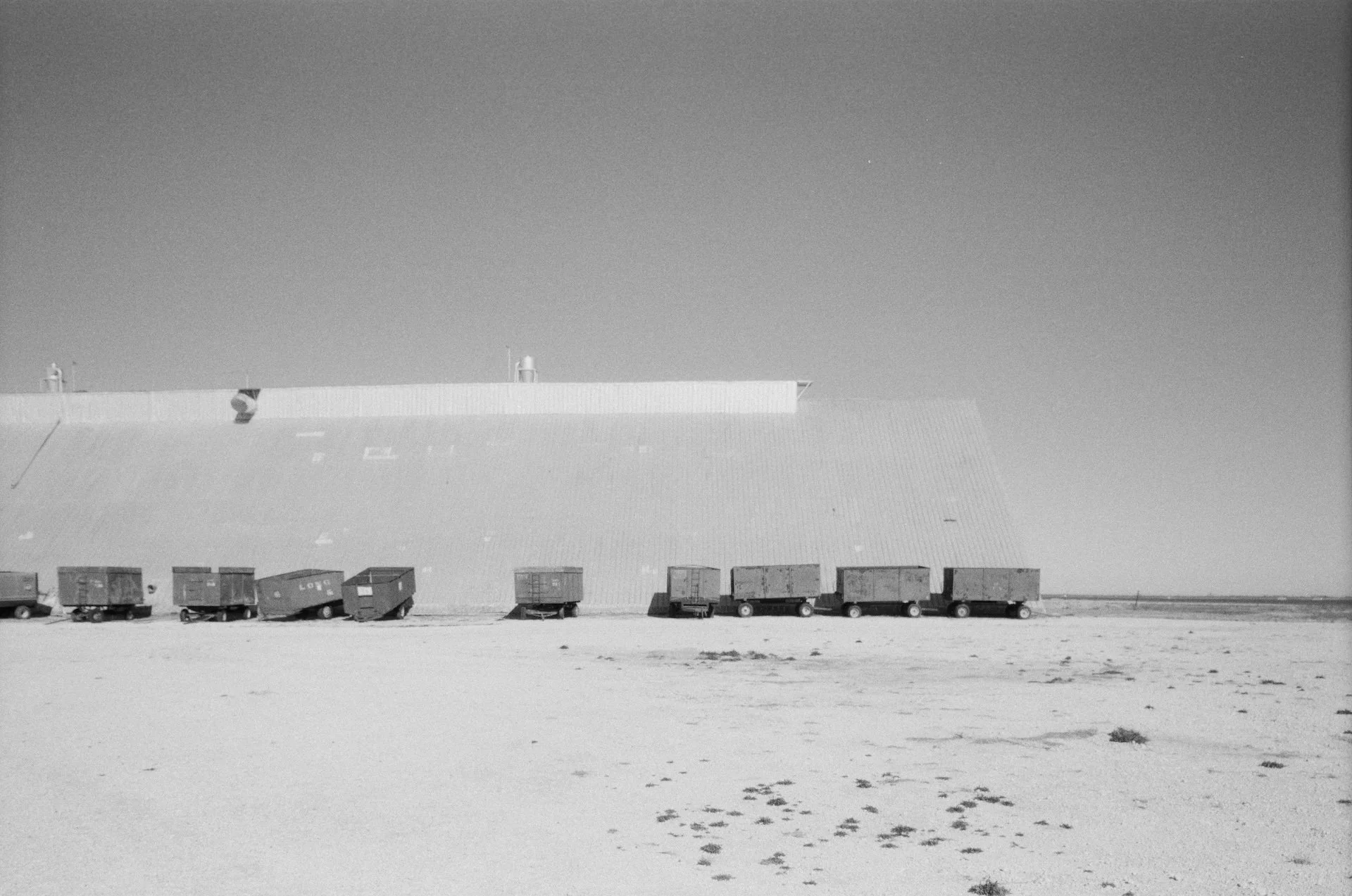 Black-and-white photo of a cityscape with a large modern building, a parking lot with several dumpsters, and wildlife footprints in the snow in the foreground.