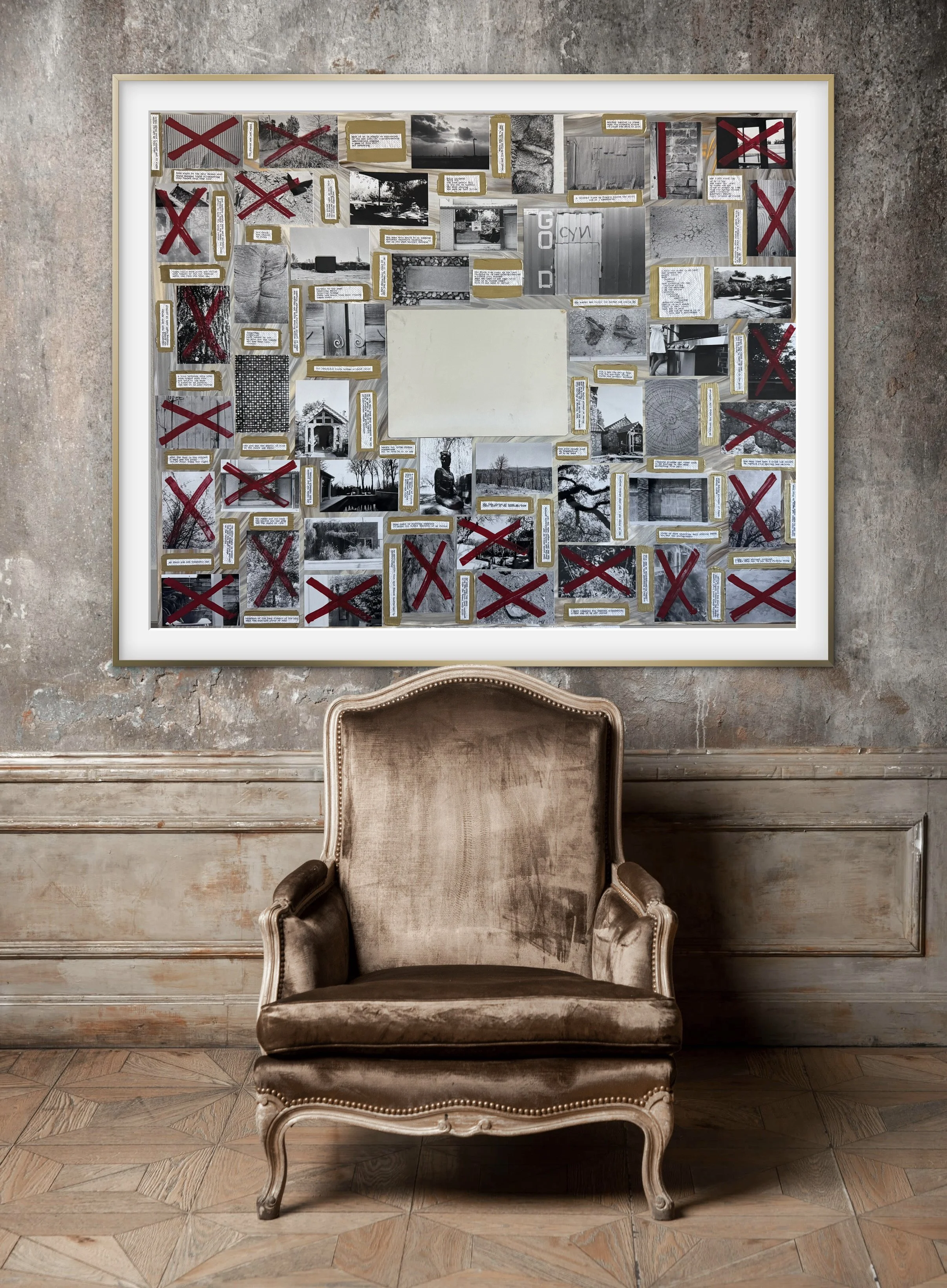 Vintage velvet armchair with carved wooden frame in front of a framed collage of black and white photographs on a wall.