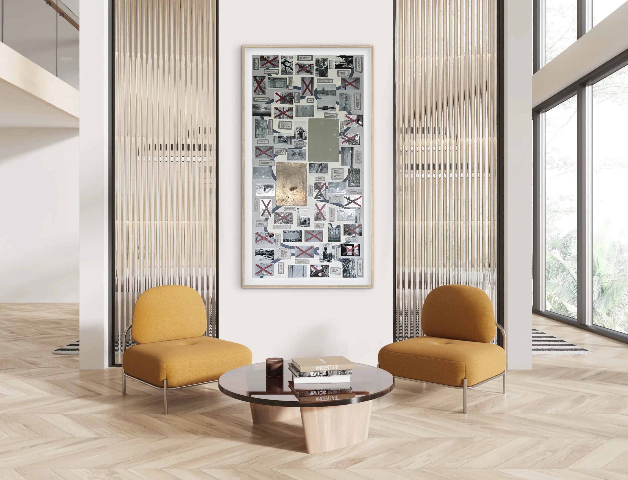 Modern interior with beige chairs, a black round coffee table with books and a candle, framed artwork on the wall, wooden window slats, and large windows with views of greenery.