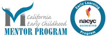 Logo for California Early Childhood Mentor Program with a stylized V and the word 'Mentor Program' in blue, alongside a circular badge with a flame symbol and the word 'ACRE' indicating accreditation.