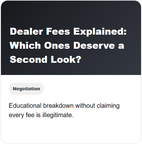 A webpage article titled 'Dealer Fees Explained: Which Ones Deserve a Second Look?' with a subtitle 'Negotiation' and a note about educational background on fees.