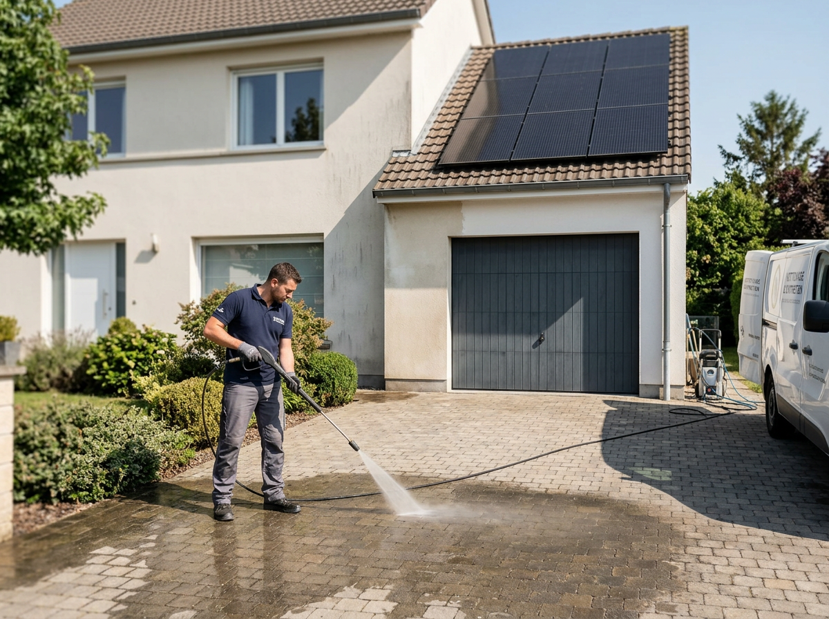 Un homme nettoie le sol en utilisant un nettoyeur haute pression devant une maison avec des panneaux solaires sur le toit.