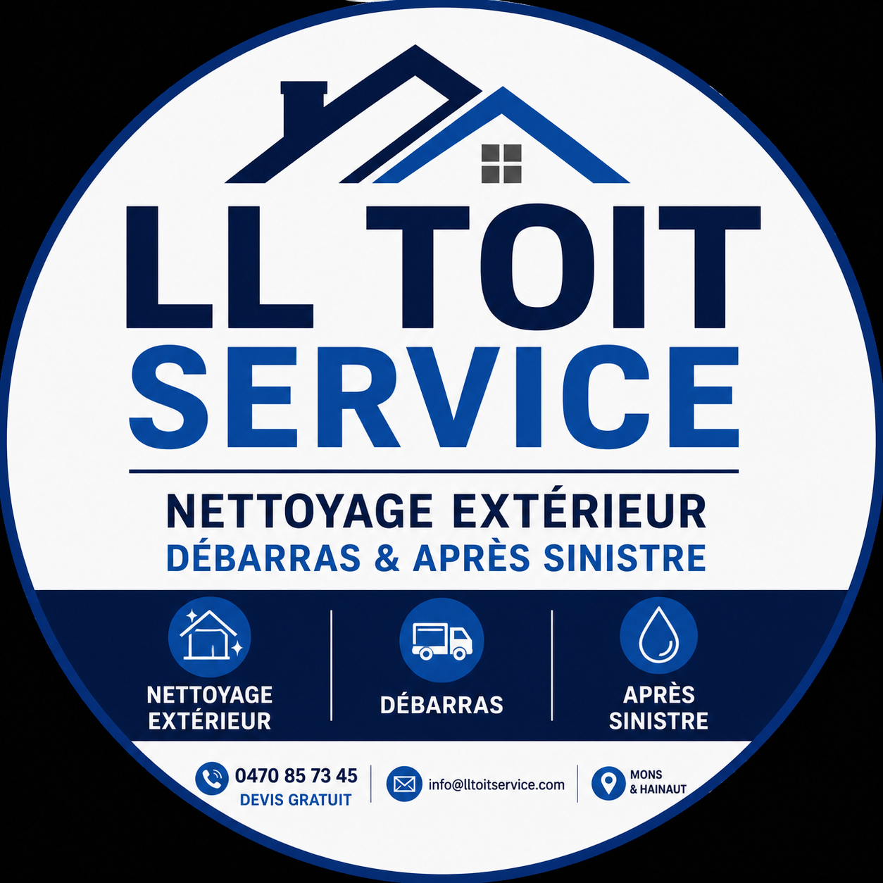 Logo d'une entreprise de nettoyage extérieur appelée LL Toit Service, offrant des services de débarras et après sinistre, avec contact, email et localisation à Mons et Hainaut.