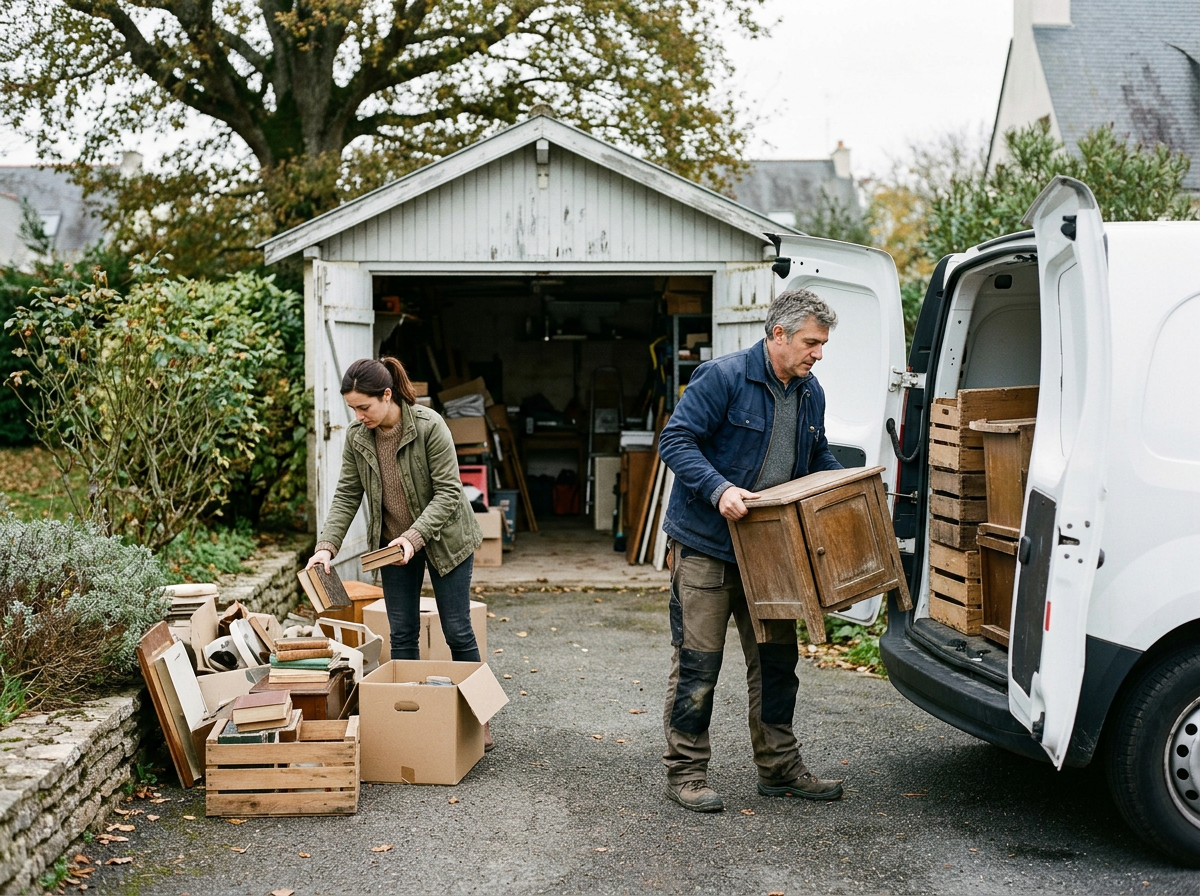 Deux personnes déchargent des meubles et des livres d'une camionnette dans une allée résidentielle entourée de végétation et d'un garage. L'une d'elles, une femme, trie des livres à côté de caisses, tandis qu'un homme déplace un petit meuble en bois.