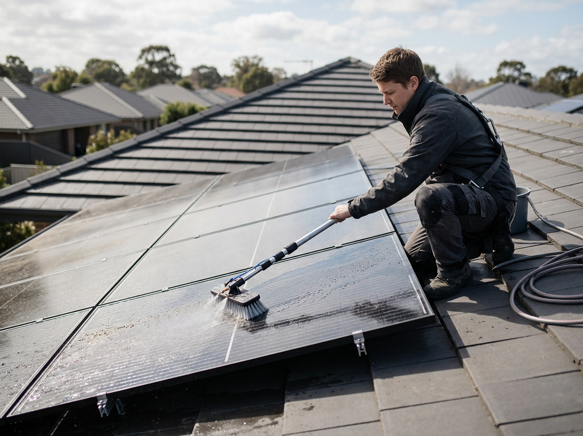Un technicien nettoie des panneaux solaires sur le toit d'une maison.