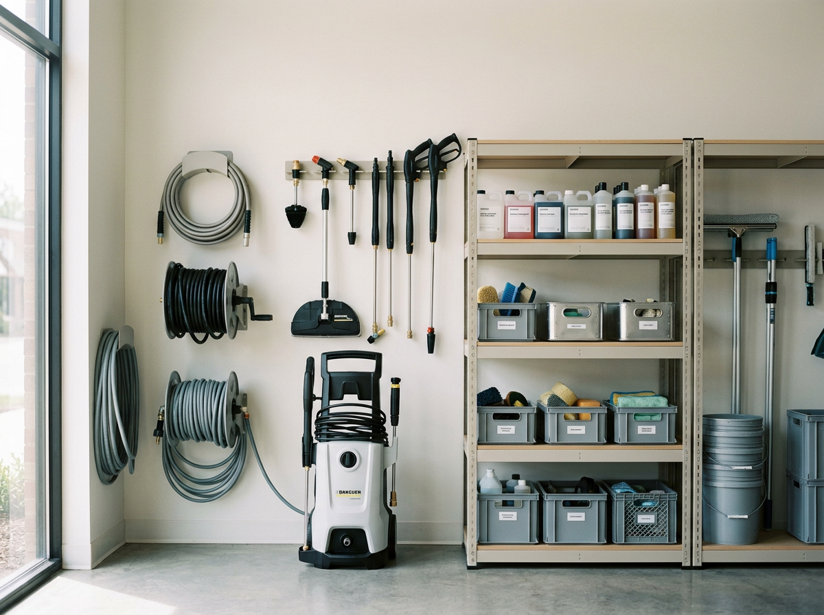 Une salle de rangement avec des tuyaux, des outils de jardinage, des liquides de nettoyage et des brosses sur une étagère en métal.