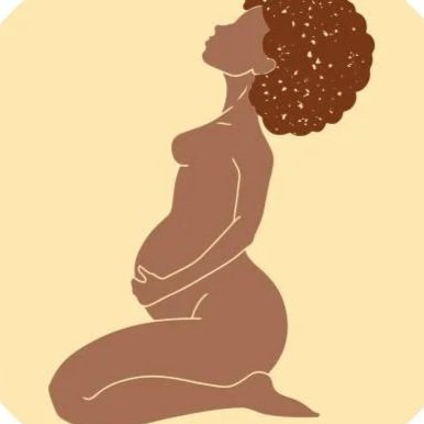 Illustration of a pregnant woman kneeling with hands resting on her pregnant belly, profile view, with curly hair.