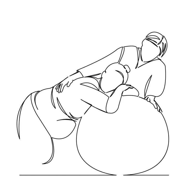 Line drawing of two people with one resting their head on a large exercise ball, while the other looks on with a hand on the ball.