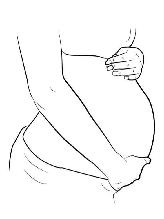 Line drawing of a pregnant woman holding her belly with one hand and resting her other hand on her stomach.