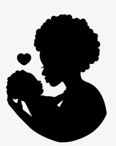 Silhouette of a woman holding a baby, with a small heart between them.