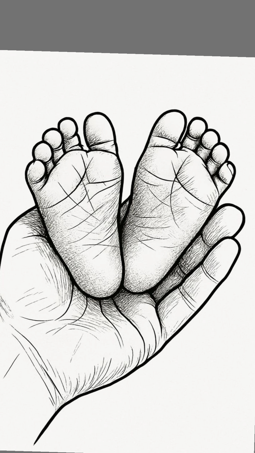 Black and white pencil sketch of an adult hand holding two small baby feet.