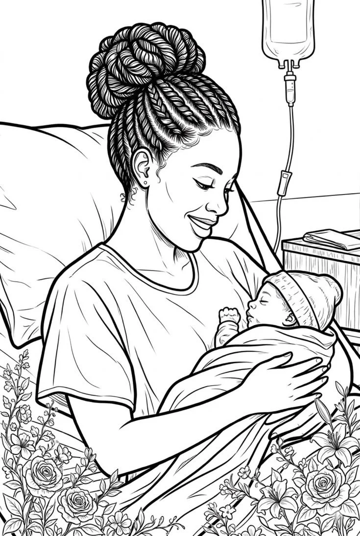 Black and white illustration of a woman with braided hair holding a newborn baby in a hospital bed, with flowers around her, IV drip attached, and a bedside table with books.