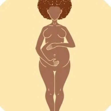 Illustration of a pregnant woman with curly hair, standing with one hand on her belly.