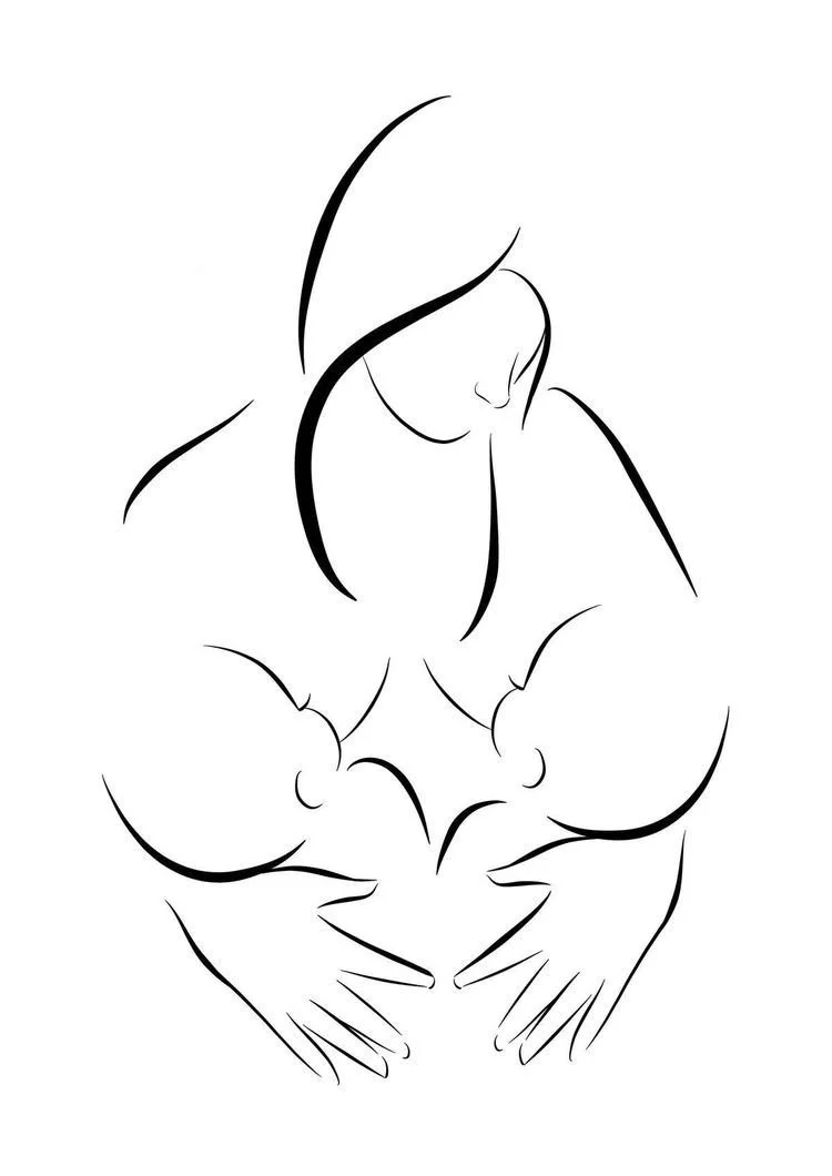 Minimalist line drawing of a woman with long hair looking down and holding her pregnant belly.