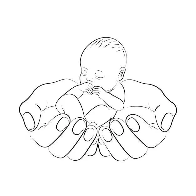 A line drawing of a baby cradled in adult hands.