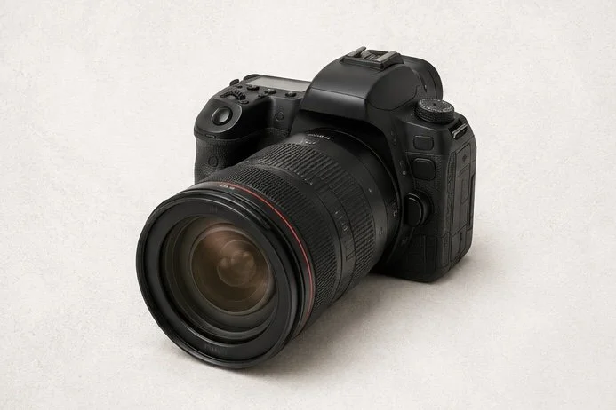 A professional DSLR camera with a large zoom lens, black body, and textured grip, placed on a light-colored surface.