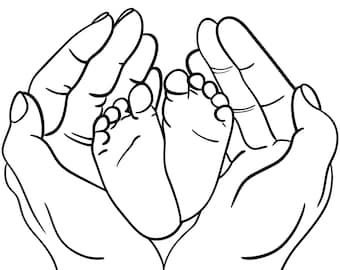 Two adult hands gently holding two small baby feet.