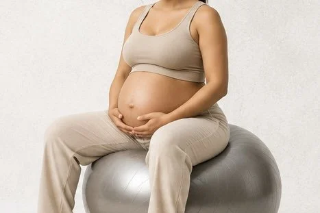 Pregnant woman sitting on a silver exercise ball with her hands on her belly, wearing a beige tank top and pants.