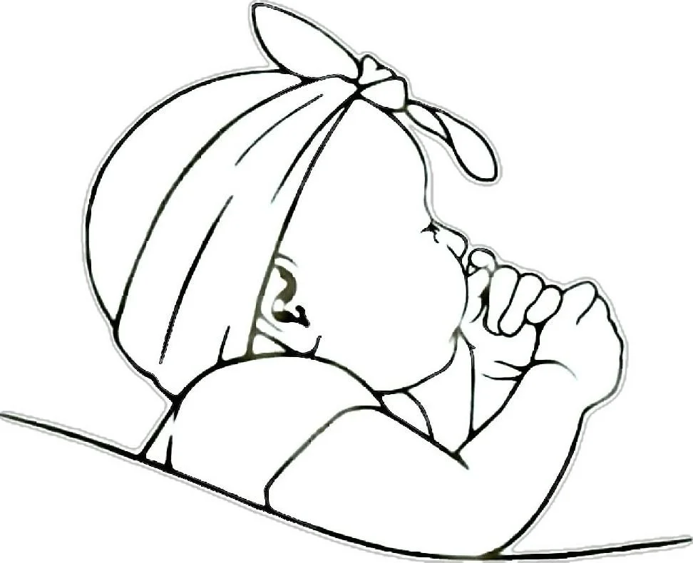 Line drawing of a young girl resting her chin on her hands with a bow in her hair.