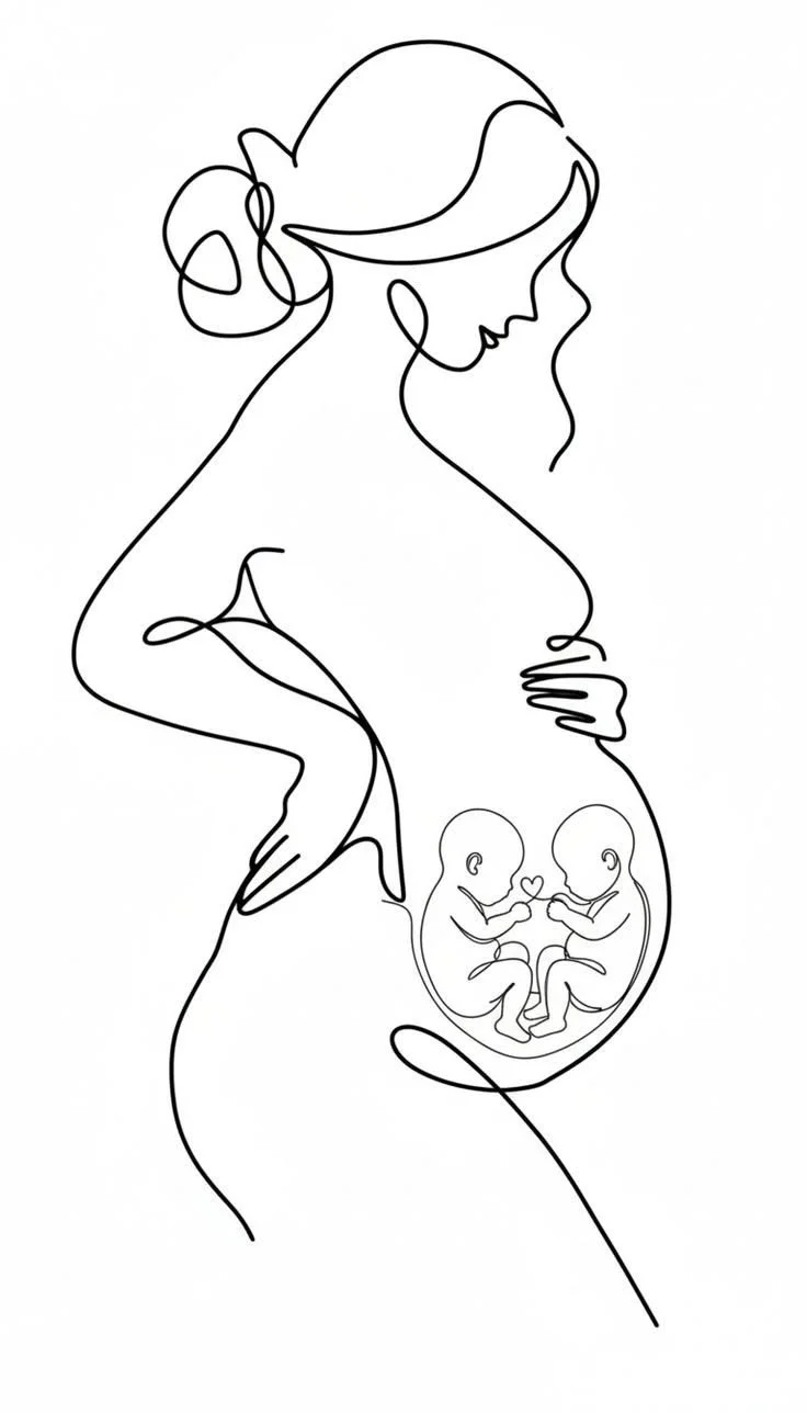 Line drawing of a pregnant woman with two babies inside her belly holding hands with a heart above them.