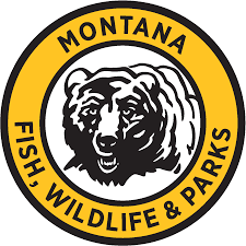 Montana Fish Wildlife & Parks logo with a bear's face in the center and a yellow border.