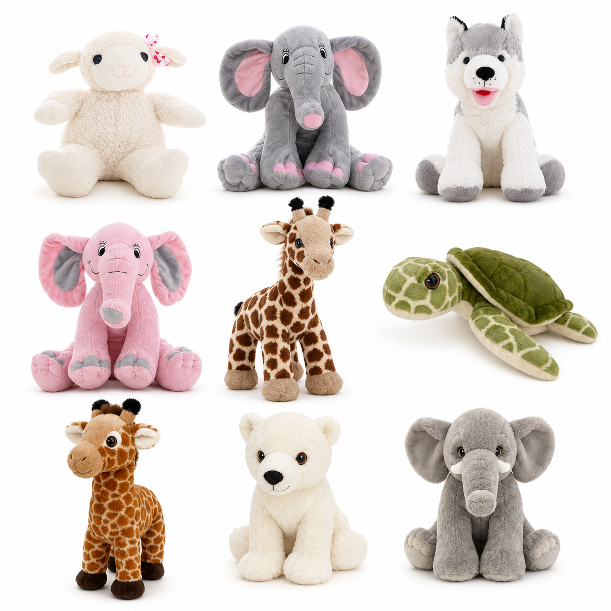 A collection of nine plush stuffed animals including a white sheep, a grey elephant, a grey and white husky, a pink elephant, a giraffe, a green turtle, a brown giraffe, a cream polar bear, to choose from and build your own teddy.