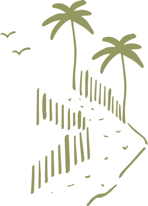 Silhouette drawing of palm trees on a beach with a fence and birds in the sky.