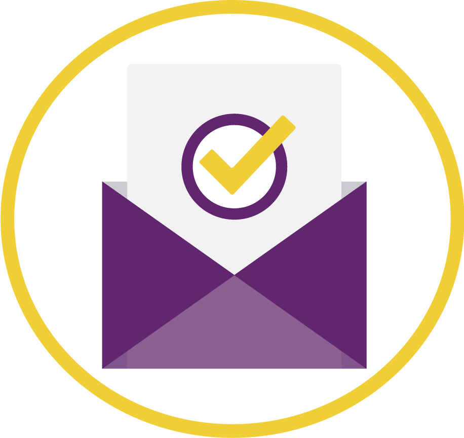 Icon of an open purple envelope with a document showing a yellow checkmark inside a circle, symbolizing email verification or approval.