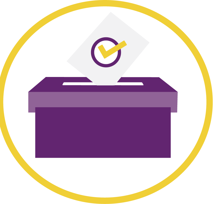 A ballot being inserted into a purple ballot box, with a checkmark on the ballot indicating voting or election process.