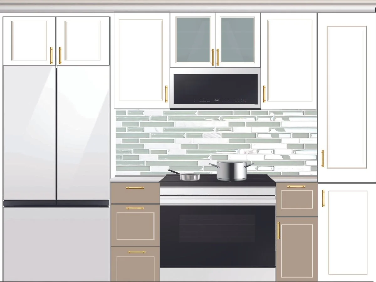 Kitchen design rendering showing white cabinetry, stainless steel appliances, and a gray and white backsplash.