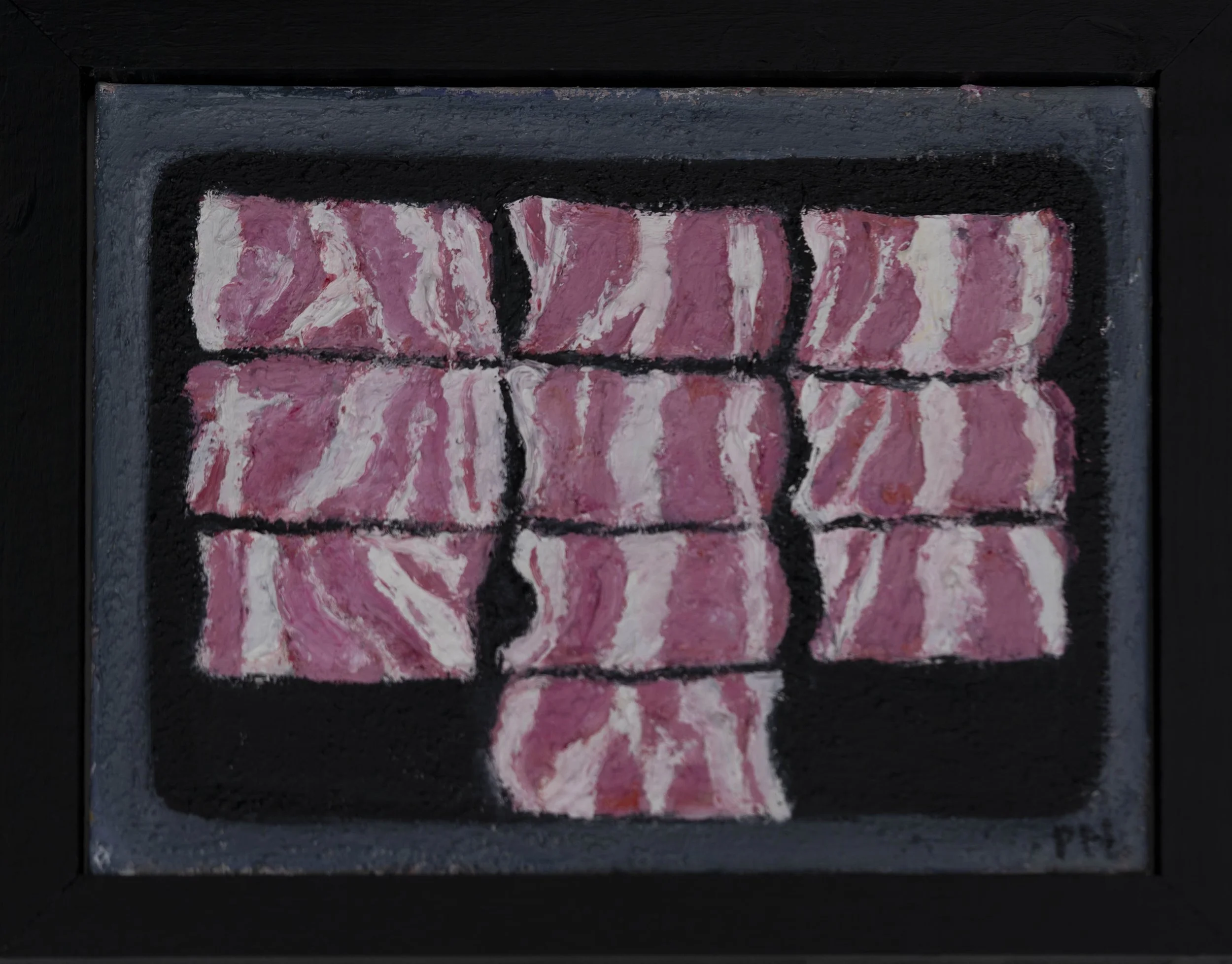 A framed painting of bacon on a black background.